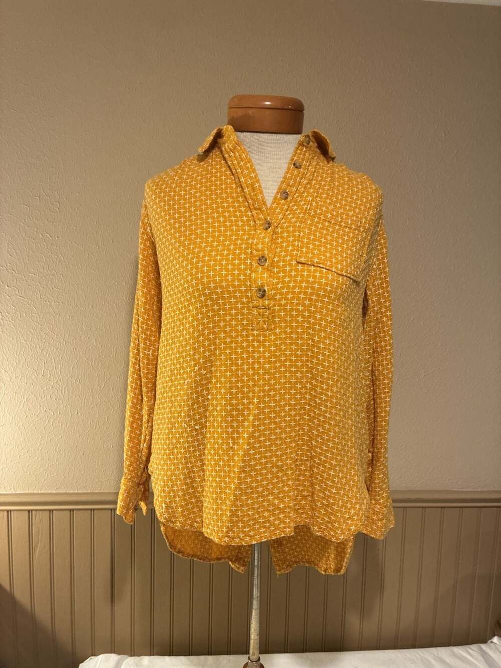 By Anthropologie Tunic Size XS Mustard Yellow Embroidered Back Button Shirt